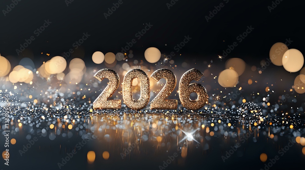 Golden metallic numbers 2026 on dark background with glitter and bokeh lights creating festive new year celebration atmosphere.
