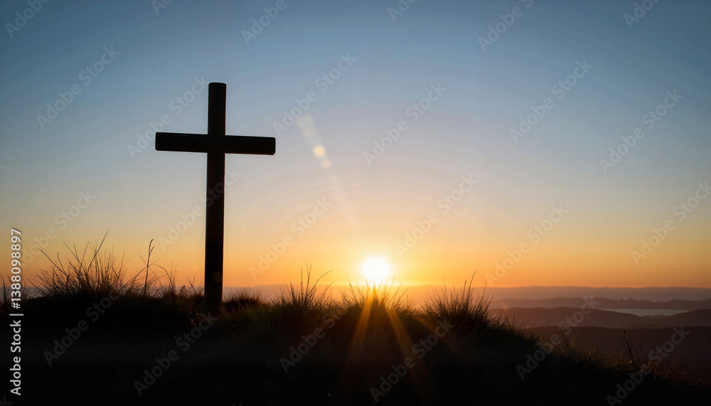 Cross silhouette at sunset in grassy field, spiritual reflection Cross silhouette at sunset in grassy field, spiritual reflection