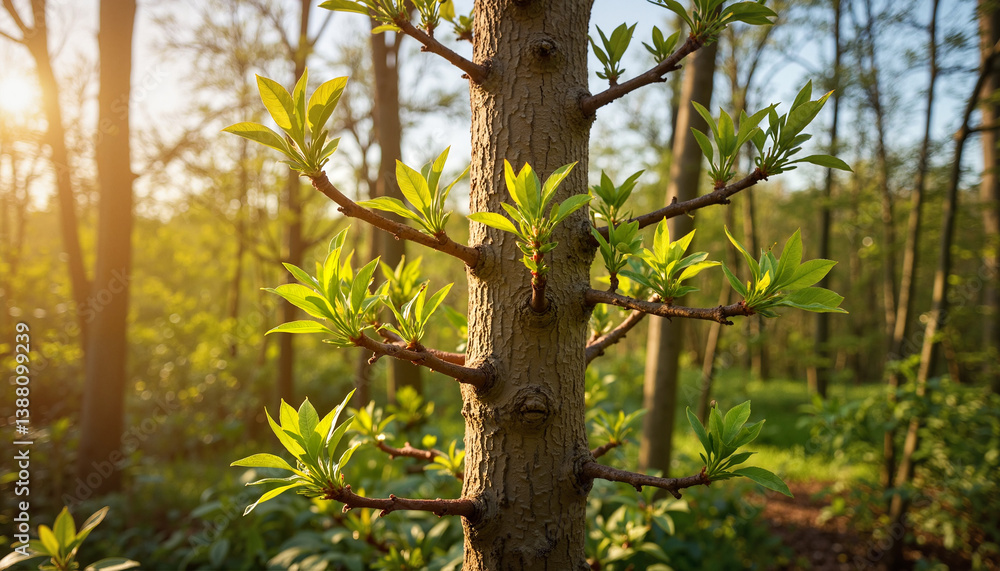 Obraz premium Sturdy tree with bright green buds in forest during golden hour, nature's renewal