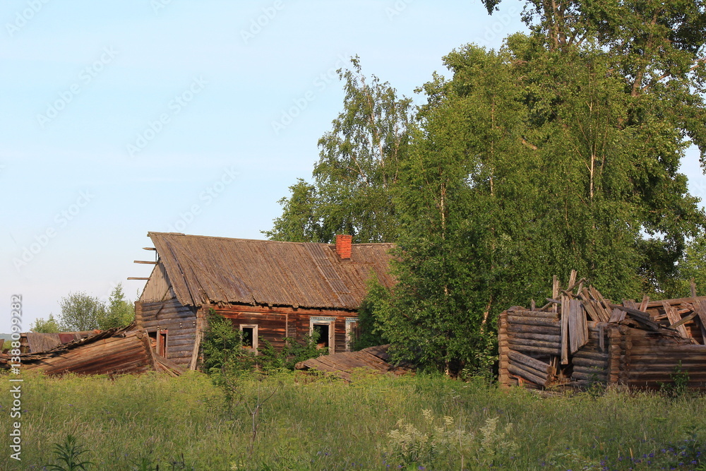 abandoned uninhabited houses in old villages from the times of collective farms and collectivization in the Soviet Union. 1930-1940-1950s of the last century, surrounded by forests and fields abandoned uninhabited houses in old villages from the times of collective farms and collectivization in the Soviet Union. 1930-1940-1950s of the last century, surrounded by forests and fields