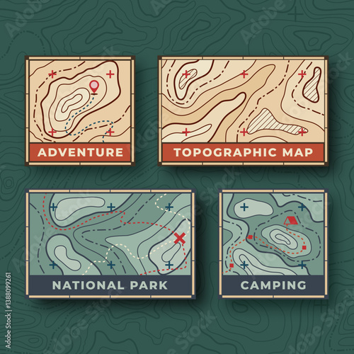 Set of topographic map badges for adventure, camping, and national parks