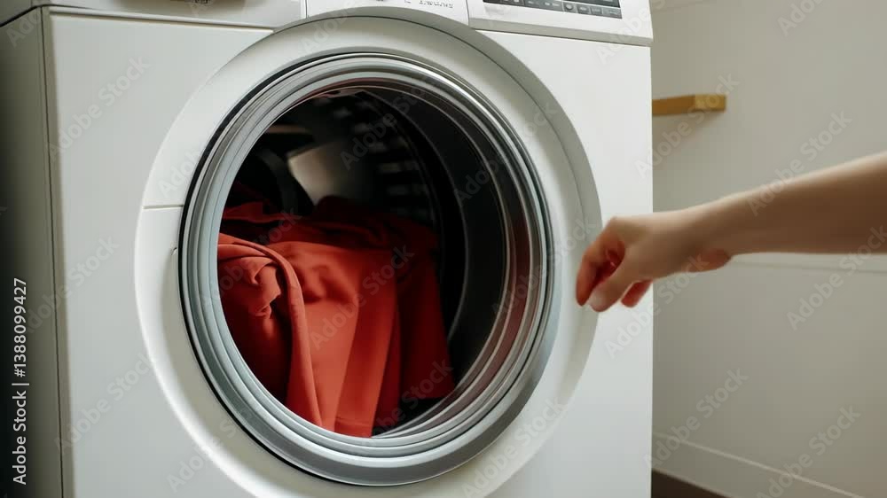 Hand loading red clothes into a modern washing machine for laundry day efficiency Hand loading red clothes into a modern washing machine for laundry day efficiency