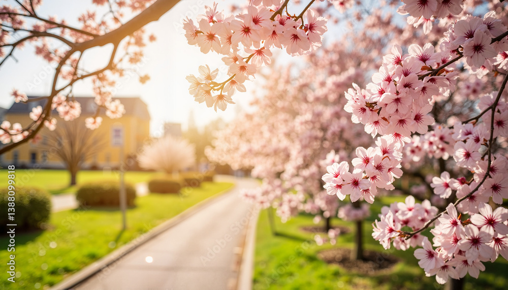 Naklejka premium Cascading cherry blossoms illuminated by sunlight along garden pathway, beauty of nature