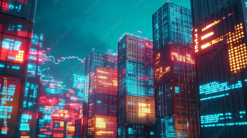 Obraz premium Futuristic digital containers in motion urban cityscape 3d visualization neon environment aerial view technology concept