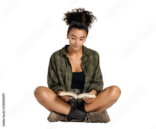 A girl is seated, legs crossed, intently reading a book. She is wearing a casual outfit. The background is plain black.