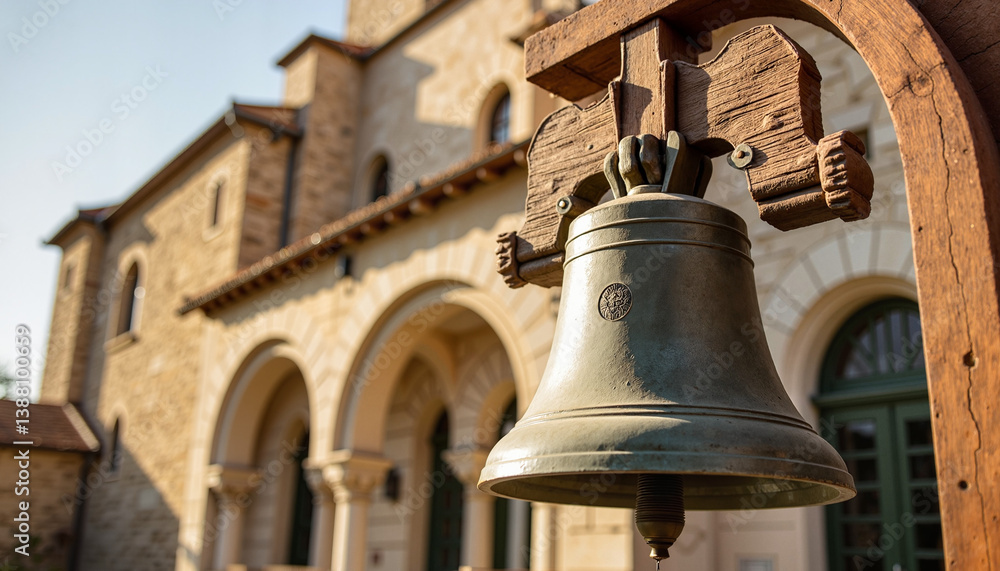 Fototapeta premium Historical Easter church bell glistening in morning light, traditional symbolism