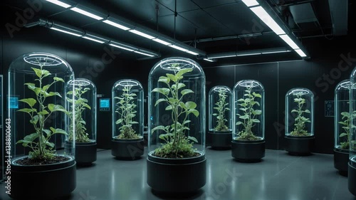 Plants, growing in glass domes within a controlled, illuminated space. The design suggests advanced cultivation and scientific experimentation.