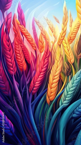 Wheat growth, relief style, 3D, colorful agricultural illustration