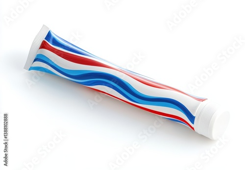 Close-up of a uniquely designed, vibrant, colorful toothpaste tube, showcasing a striking pattern of swirling red, white, and blue stripes against a bright white background.