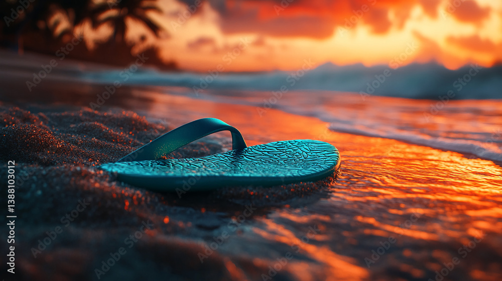 Teal flip-flop on sandy beach at sunset, ocean waves gently lapping, evokes summer vacation, relaxation, and tropical escape Teal flip-flop on sandy beach at sunset, ocean waves gently lapping, evokes summer vacation, relaxation, and tropical escape