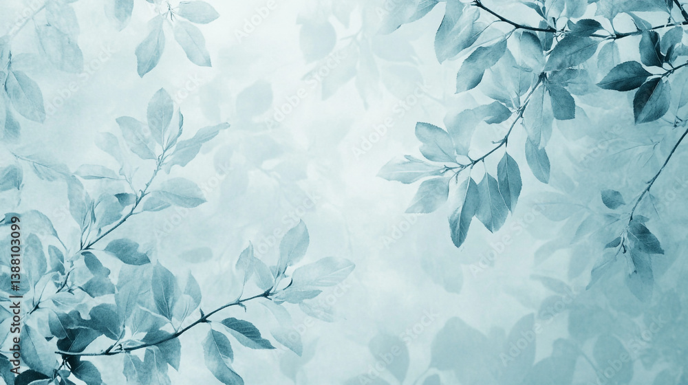 A serene botanical composition featuring delicate branches and leaves in muted teal hues against a soft background A serene botanical composition featuring delicate branches and leaves in muted teal hues against a soft background