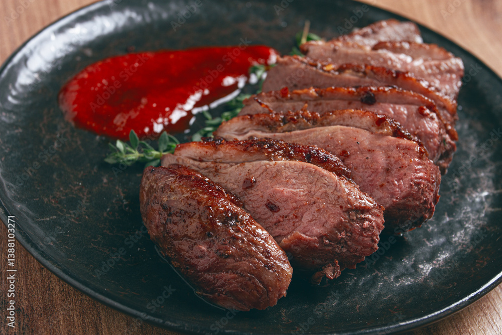 roast duck breast, sliced on a plate, with red sauce, homemade, no people, roast duck breast, sliced on a plate, with red sauce, homemade, no people,