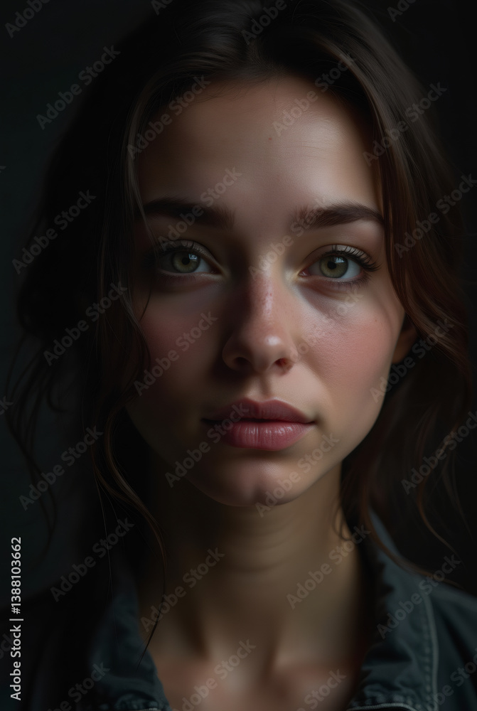 Intense close-up portrait of a young woman with captivating eyes and dramatic studio lighting Intense close-up portrait of a young woman with captivating eyes and dramatic studio lighting