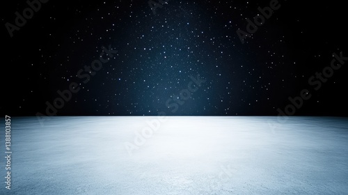 A snowy expanse dominates the image, appearing smooth and subtly textured. Above, a dark night sky is speckled with numerous small, white lights, simulating falling snow. The scene is minimalistic, w