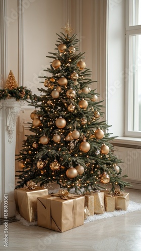 Elegant Christmas Tree Adorned With Golden Ornaments and Wrapped Gifts in a Cozy Room