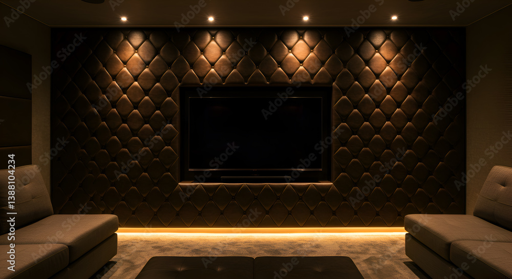 Naklejka premium Luxury Home Theater Featuring Quilted Leather Headboard Style Wall