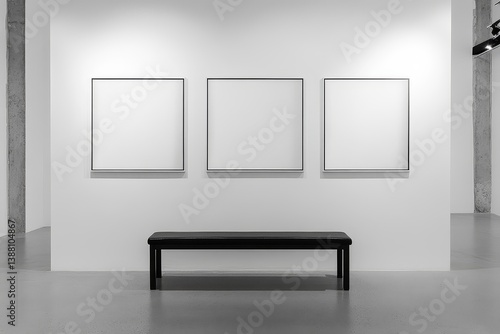 Modern Empty Gallery Space Featuring Three Blank Picture Frames and a Simple Dark Bench