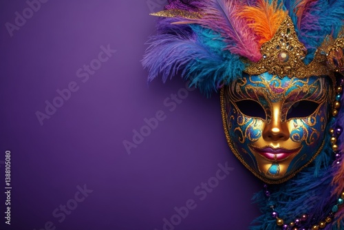 Colorful Carnival Mask With Feathers and Beads Against a Purple Background for Festive Celebrations
