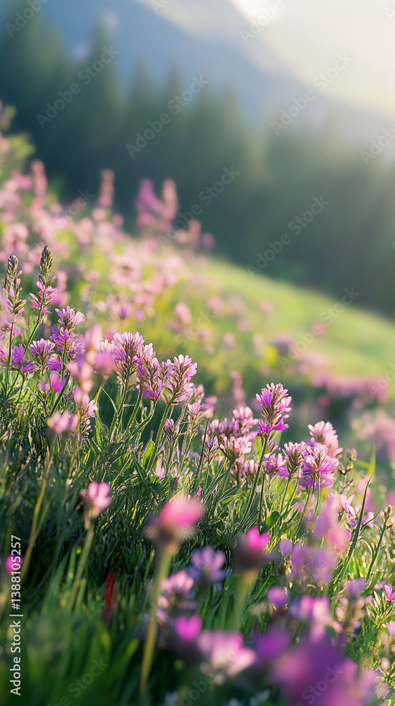 Obraz premium Close-up of pink wildflowers in a field, bathed in sunlight, showcasing a vibrant and serene natural scene, representing peace, tranquility, and the beauty of nature