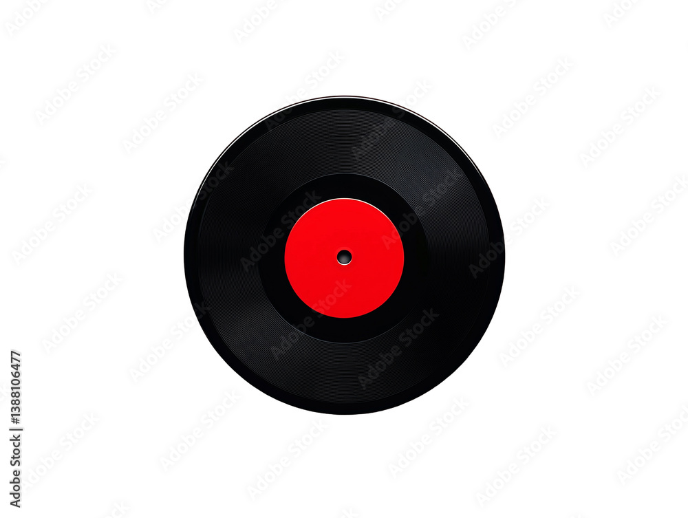 Fototapeta premium Black vinyl record with red label in the center, showcasing the grooves of this classic music medium, PNG file isolate on transparent background, cut out, close up, high quality