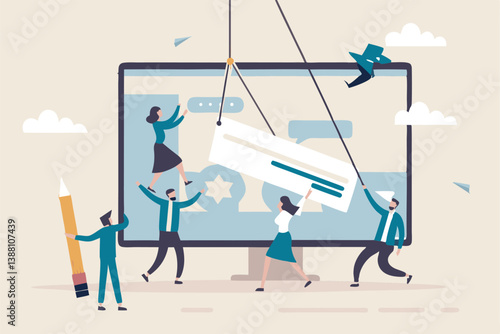 Website development, build homepage layout or html designer, SEO search engine optimization or site template creation concept, business people help carry web banner create website on computer screen.