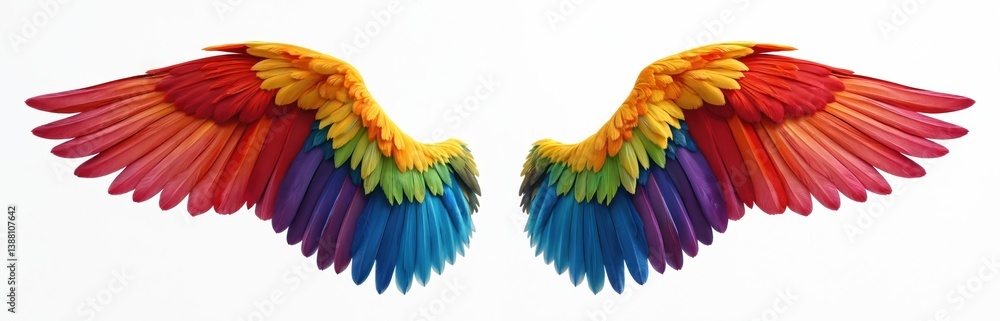 Fototapeta premium Rainbow wings isolated on white background. Colorful vibrant wings represent LGBTQ community, freedom. Symbol of pride, inclusion, diversity, spirituality. Feathered wings with gradient colors. For
