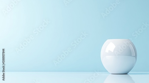 A smooth, white, spherical vase sits on a pale blue surface. The simple composition features a minimalist aesthetic. The image is high quality with even lighting, creating a serene mood. The light