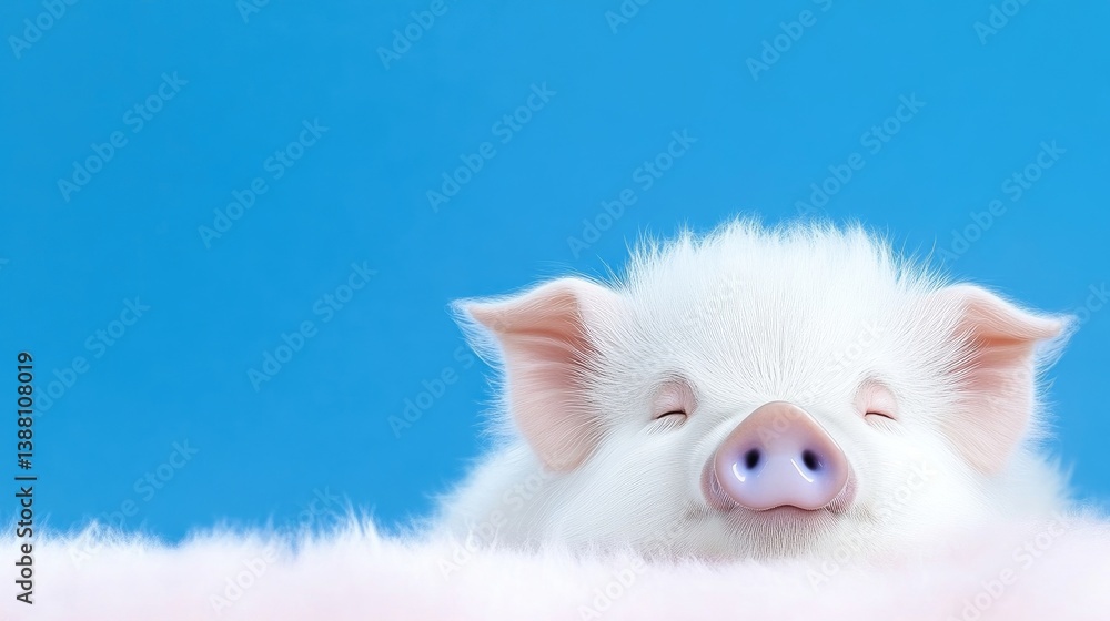 Fototapeta premium White Piglet on Pink Fur Soft Gentle Style High-Resolution Close-up Portrait Fluffy Texture Sleeping Peacefully Blue Background Pastel Sweet Mood Ideal for Calming Imagery