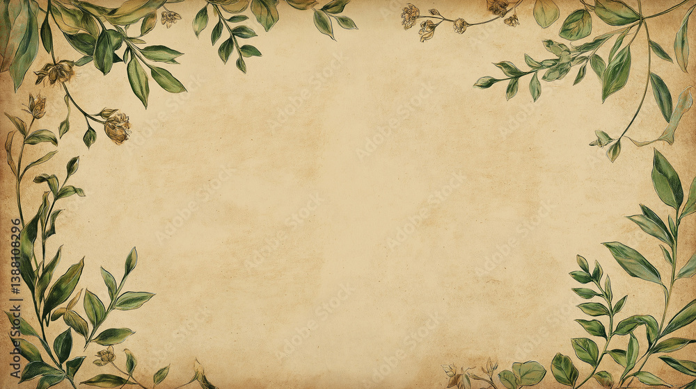 Botanical border design featuring leaves and flowers on antique parchment background for artistic projects Botanical border design featuring leaves and flowers on antique parchment background for artistic projects