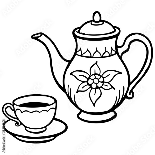  Elegant Vintage Style Porcelain Teapot Illustration in White and Gold for Afternoon Tea