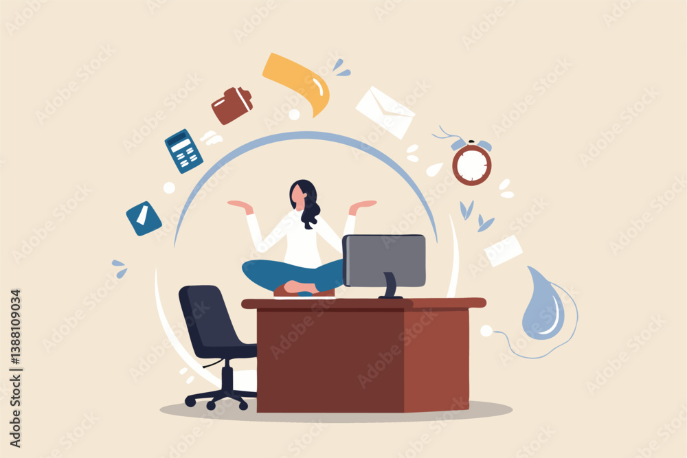 Distraction at work, annoyed disturb notifications, noise or trouble to focus or concentrate, inattention alert in the office, focus concept, businesswoman meditate protect distractions office desk. Distraction at work, annoyed disturb notifications, noise or trouble to focus or concentrate, inattention alert in the office, focus concept, businesswoman meditate protect distractions office desk.