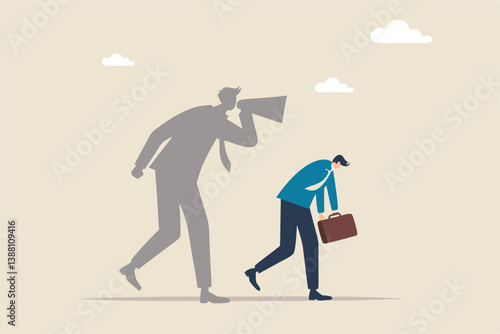 Self criticism, negative critic thinking to blame yourself, guilt or depression to rant or inner anxiety, anger or stress psychology concept, depressed businessman self shadow blame with megaphone.