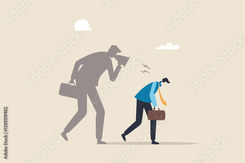 Self criticism, negative critic thinking to blame yourself, guilt or depression to rant or inner anxiety, anger or stress psychology concept, depressed businessman self shadow blame with megaphone.