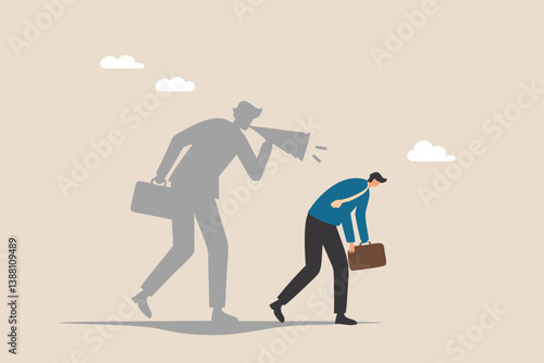 Self criticism, negative critic thinking to blame yourself, guilt or depression to rant or inner anxiety, anger or stress psychology concept, depressed businessman self shadow blame with megaphone.