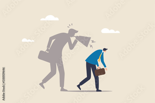 Self criticism, negative critic thinking to blame yourself, guilt or depression to rant or inner anxiety, anger or stress psychology concept, depressed businessman self shadow blame with megaphone.