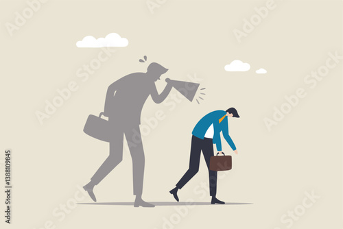 Self criticism, negative critic thinking to blame yourself, guilt or depression to rant or inner anxiety, anger or stress psychology concept, depressed businessman self shadow blame with megaphone.