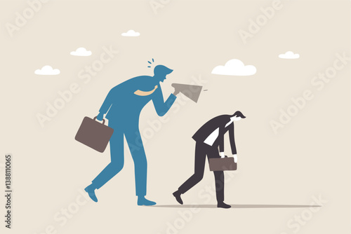 Self criticism, negative critic thinking to blame yourself, guilt or depression to rant or inner anxiety, anger or stress psychology concept, depressed businessman self shadow blame with megaphone.