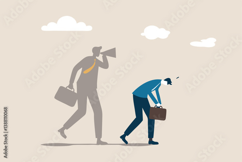 Self criticism, negative critic thinking to blame yourself, guilt or depression to rant or inner anxiety, anger or stress psychology concept, depressed businessman self shadow blame with megaphone.