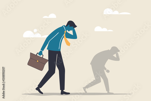 Self criticism, negative critic thinking to blame yourself, guilt or depression to rant or inner anxiety, anger or stress psychology concept, depressed businessman self shadow blame with megaphone.