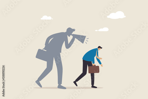 Self criticism, negative critic thinking to blame yourself, guilt or depression to rant or inner anxiety, anger or stress psychology concept, depressed businessman self shadow blame with megaphone.