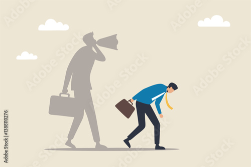 Self criticism, negative critic thinking to blame yourself, guilt or depression to rant or inner anxiety, anger or stress psychology concept, depressed businessman self shadow blame with megaphone.