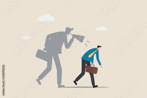 Self criticism, negative critic thinking to blame yourself, guilt or depression to rant or inner anxiety, anger or stress psychology concept, depressed businessman self shadow blame with megaphone.