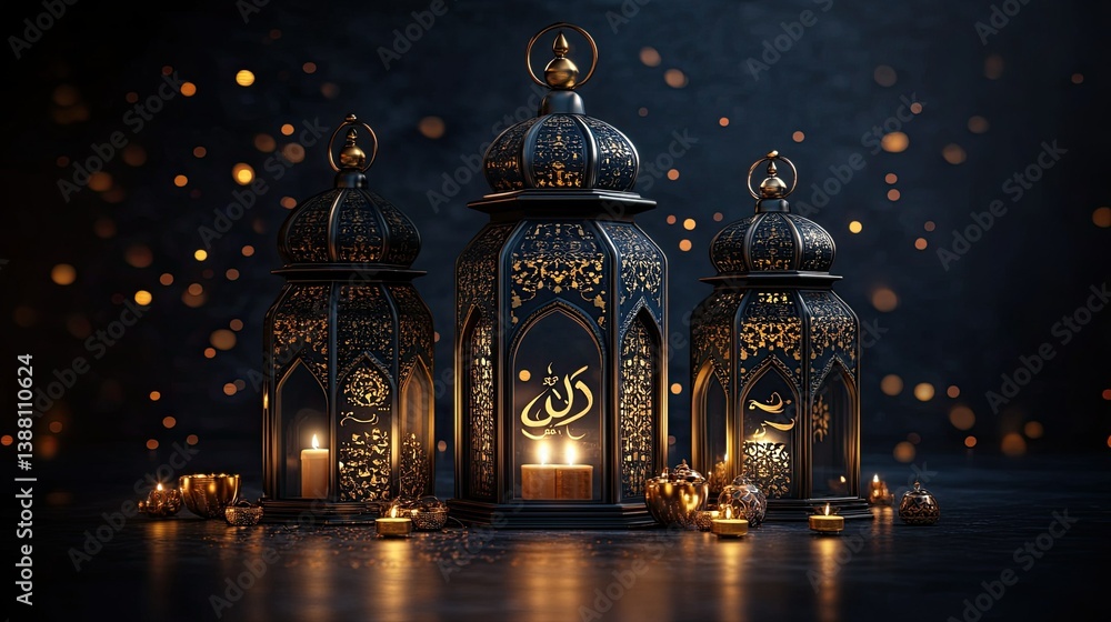 Eid Mubarak Glossy Lanterns on a Dark Background with Soft Glow, Creating a Festive and Elegant Atmosphere Eid Mubarak Glossy Lanterns on a Dark Background with Soft Glow, Creating a Festive and Elegant Atmosphere