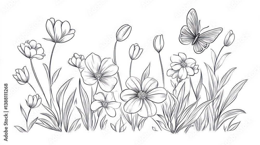 Floral Line Drawing Background. Botanical Illustration. Possible Use Desktop Wallpaper Floral Line Drawing Background. Botanical Illustration. Possible Use Desktop Wallpaper