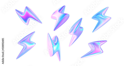3d glass holographic lightning bolt icon. Neon flash y2k element. Thunderbolt symbol hologram effect. Flash, thunder, energy, electric abstract shape. Vector trendy illustration