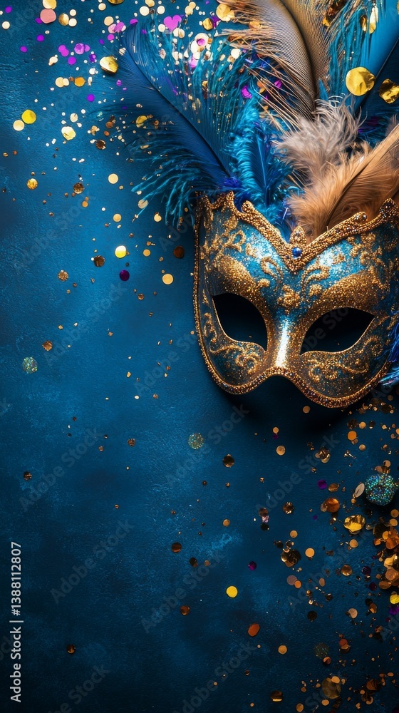 Colorful Carnival Mask With Feathers and Glitter on Blue Background Surrounded by Festive Confetti