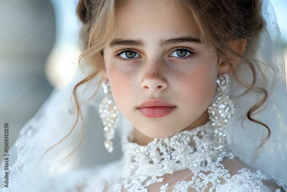 Young bride in luxurious white lace wedding dress and crystal earrings, with natural makeup, soft curled updo hairstyle and delicate features against blurred background. Young bride in luxurious white lace wedding dress and crystal earrings, with natural makeup, soft curled updo hairstyle and delicate features against blurred background.