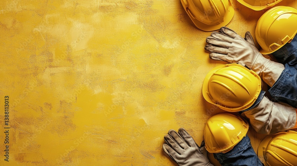 Construction Safety Gear Arranged on Yellow Background With Gloves and Helmets