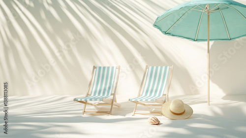 Fototapeta Naklejka Na Ścianę i Meble -  Two striped beach chairs, a straw hat, and a seashell under a beach umbrella on sandy ground with palm shadows, showcasing a serene summer beach scene