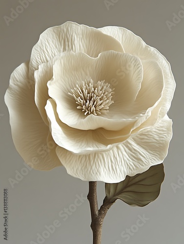 A delicate creamy white flower in a neutral background